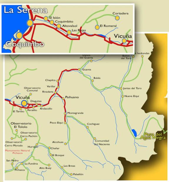 Mapa mostrando o Valle del Elqui, próximo a La Serena (norte do Chile), e o Paso Agua Negra, rumo à Argentina